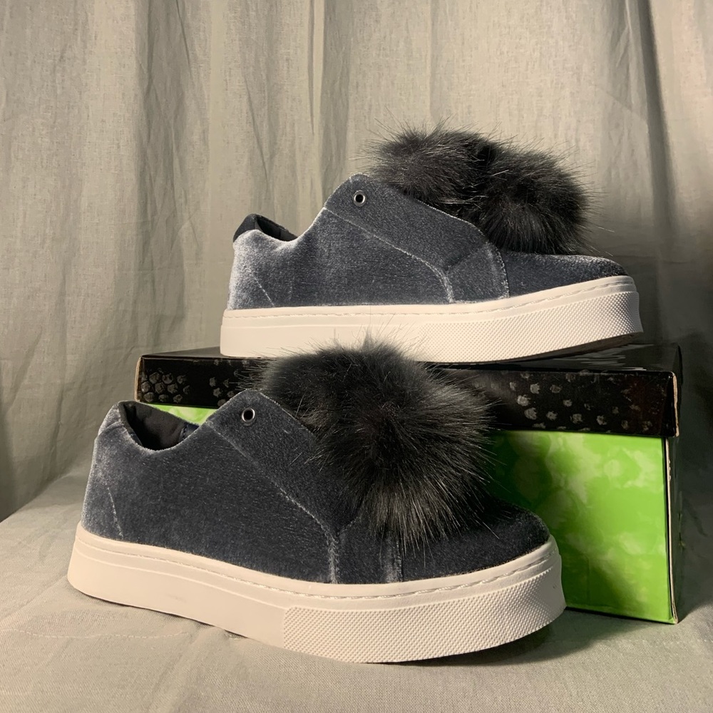 SAM EDELMAN Leya Platform Smoke Gray Velvet Slip-Ons with Fuzzy Pom Poms 🤍✨